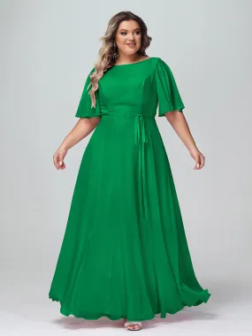 Flutter Sleeves Chiffon Max Dresses with Sash Bow-Emerald Plus Size