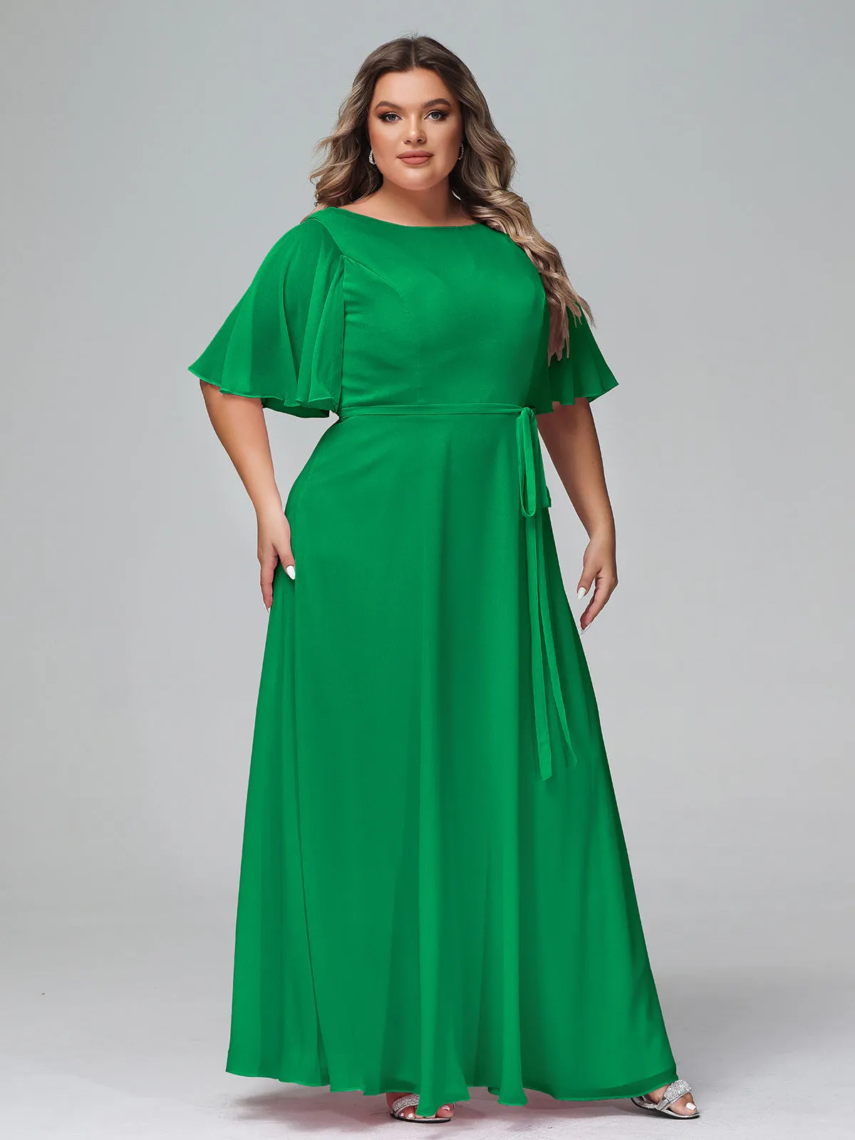 Flutter Sleeves Chiffon Max Dresses with Sash Bow-Emerald Plus Size