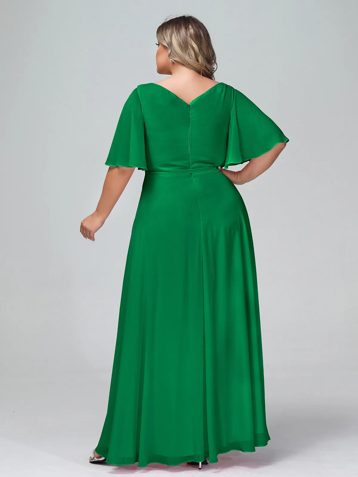 Flutter Sleeves Chiffon Max Dresses with Sash Bow-Emerald Plus Size
