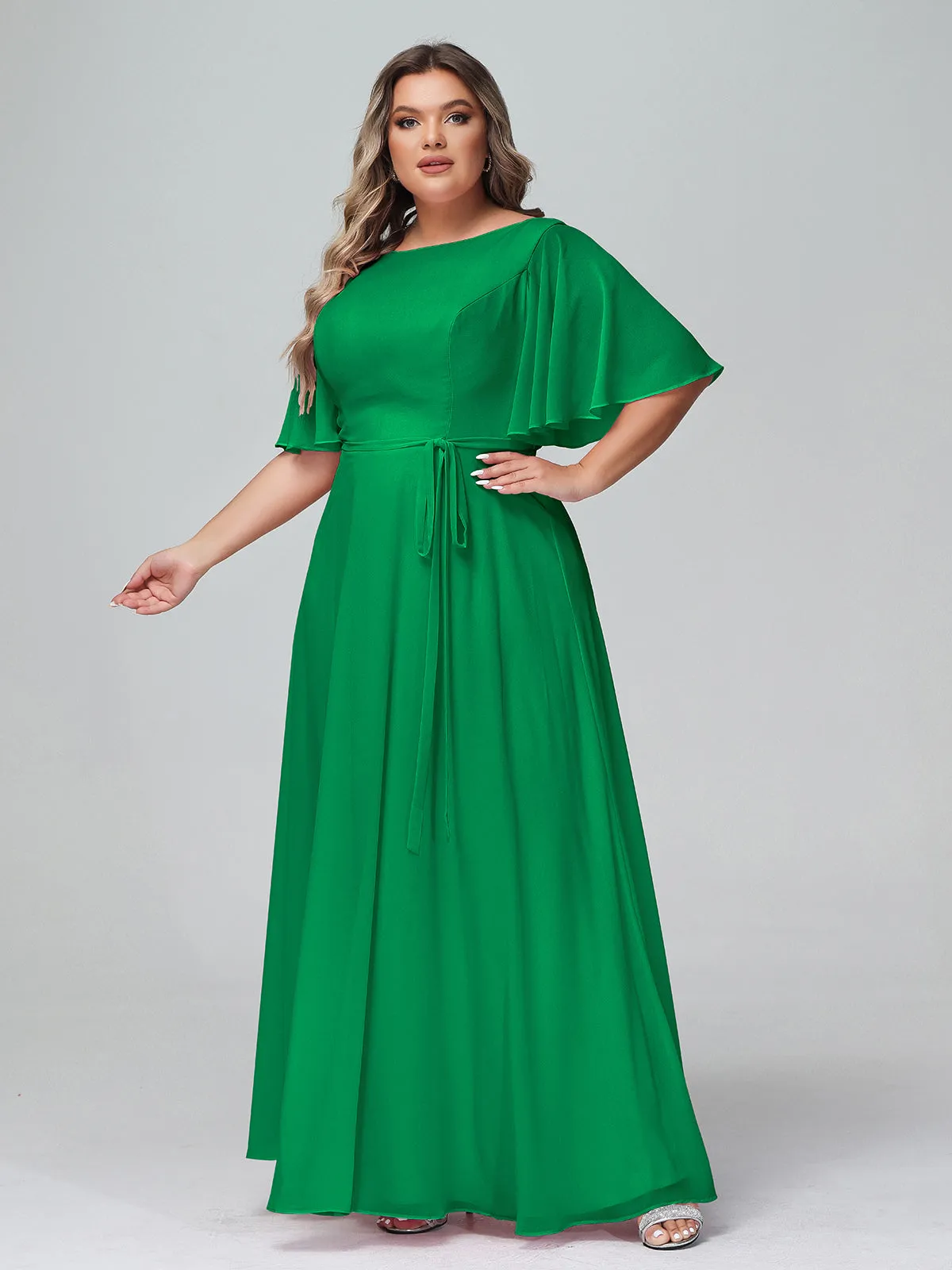 Flutter Sleeves Chiffon Max Dresses with Sash Bow-Emerald Plus Size