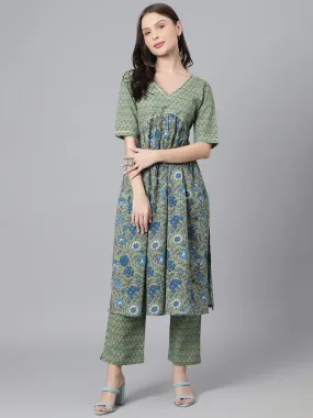 Green Blue Floral Aline Kurta Pant Set