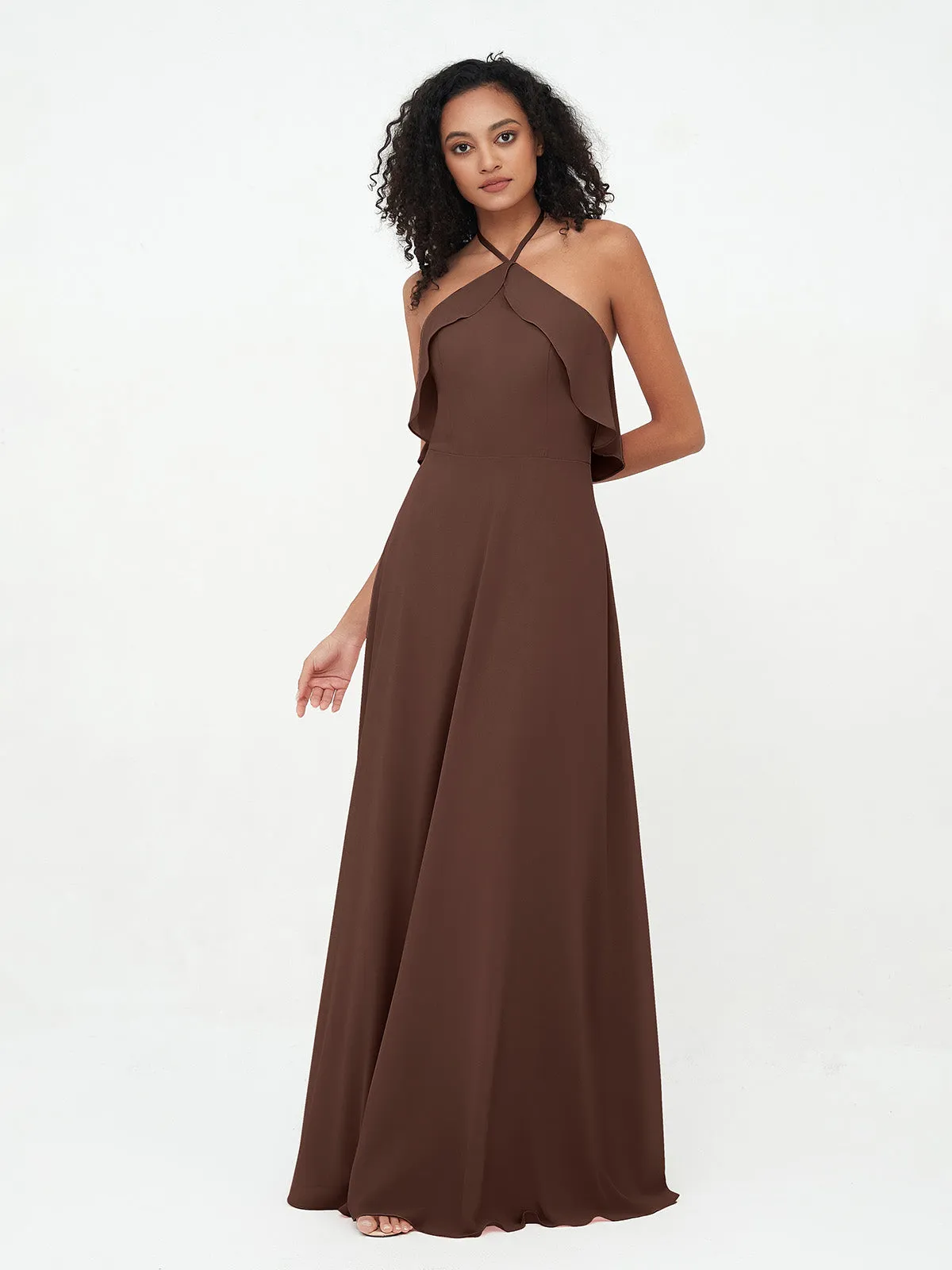 Halter Strap Chiffon Long Bridesmaid Dresses Chocolate