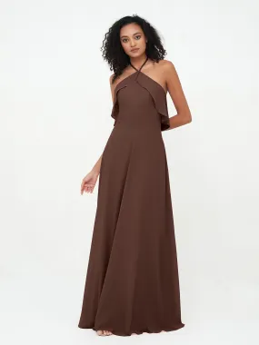 Halter Strap Chiffon Long Bridesmaid Dresses Chocolate
