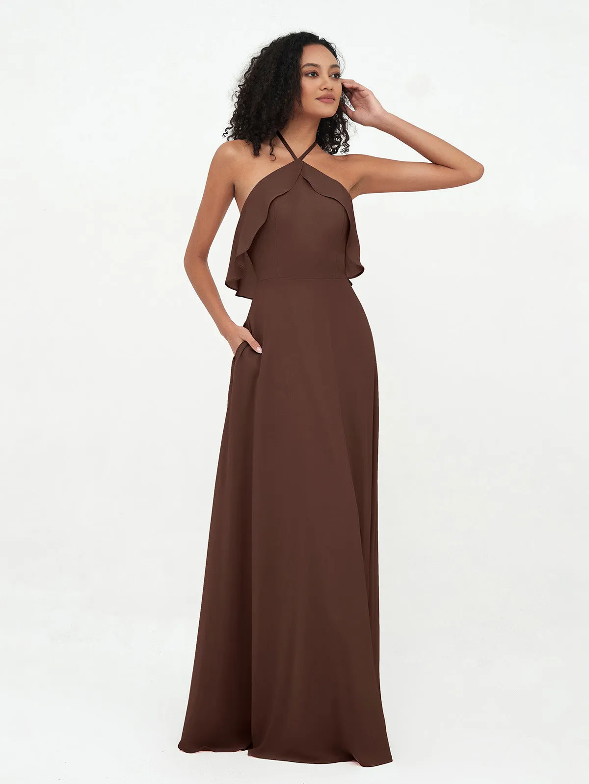 Halter Strap Chiffon Long Bridesmaid Dresses Chocolate