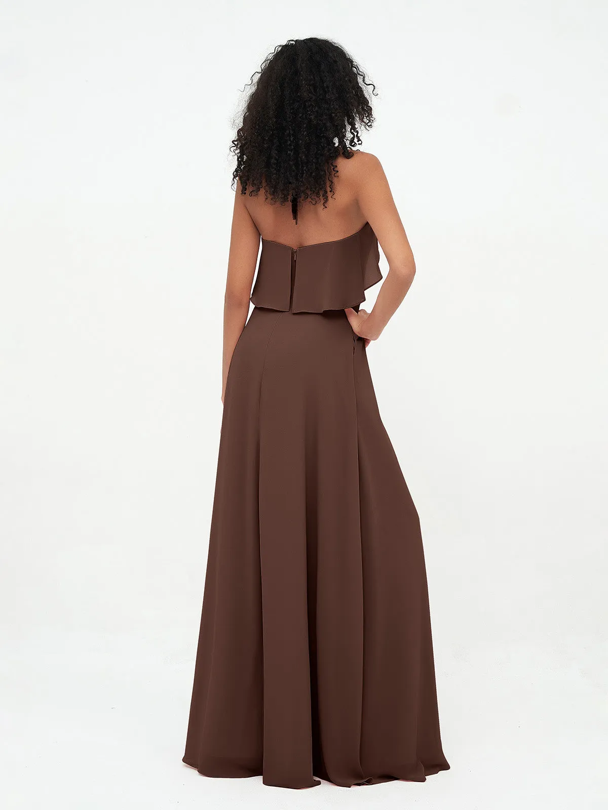 Halter Strap Chiffon Long Bridesmaid Dresses Chocolate