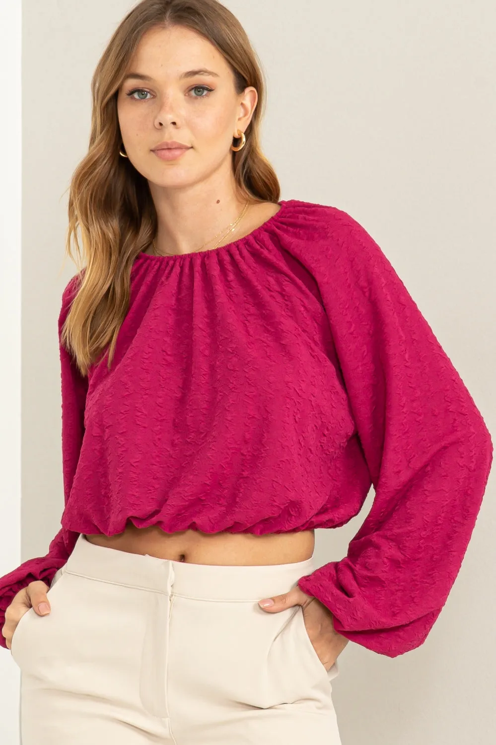 HF24C504-BUBBLE KNIT BALLOON SLEEVE TOP