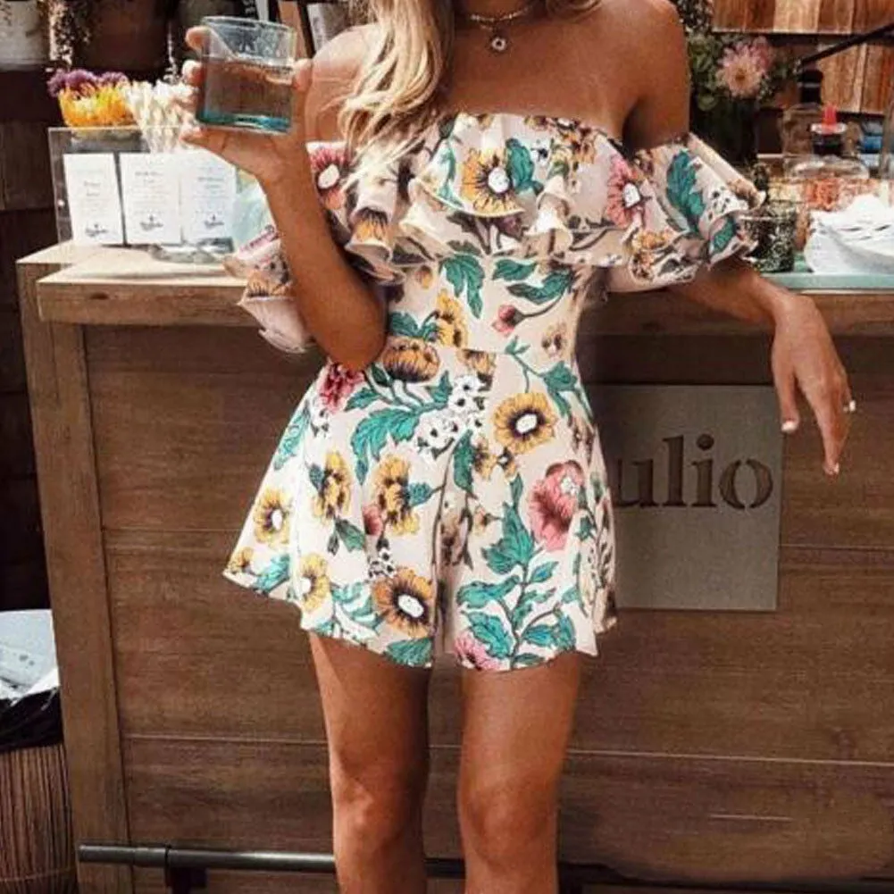 Joskaa Boho Floral Playsuit Women Summer Off Shoulder Ruffle Bodycon Jumpsuit Romper Beach Casual Shorts Party Trousers