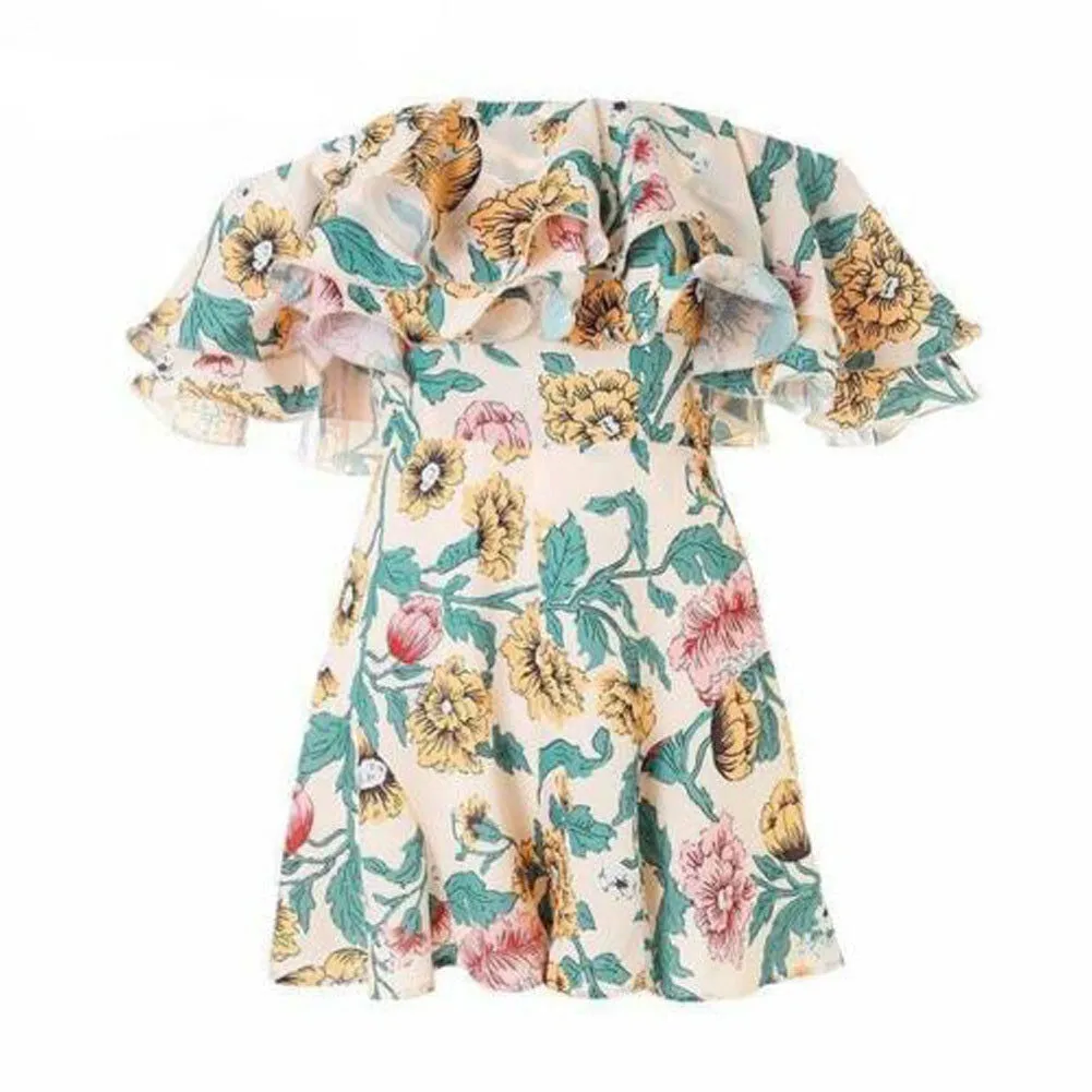 Joskaa Boho Floral Playsuit Women Summer Off Shoulder Ruffle Bodycon Jumpsuit Romper Beach Casual Shorts Party Trousers