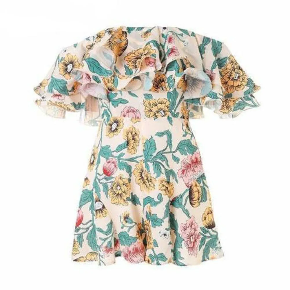 Joskaa Boho Floral Playsuit Women Summer Off Shoulder Ruffle Bodycon Jumpsuit Romper Beach Casual Shorts Party Trousers
