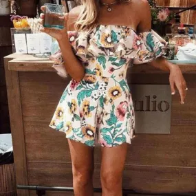 Joskaa Boho Floral Playsuit Women Summer Off Shoulder Ruffle Bodycon Jumpsuit Romper Beach Casual Shorts Party Trousers