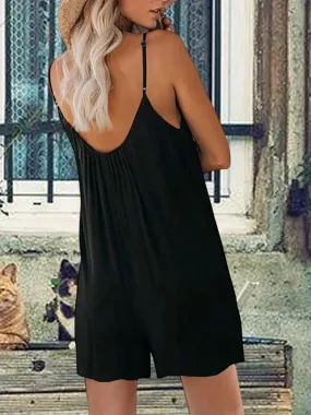 Loose Sleeveless Spaghetti Strap Stretchy Pockets Romper Casual Shorts