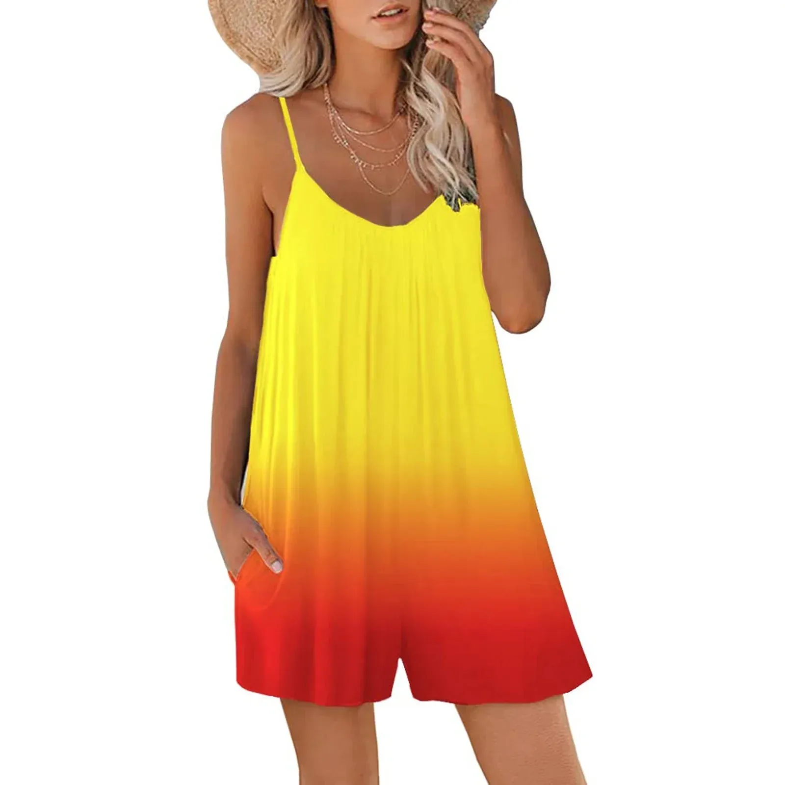 Loose Sleeveless Spaghetti Strap Stretchy Pockets Romper Casual Shorts