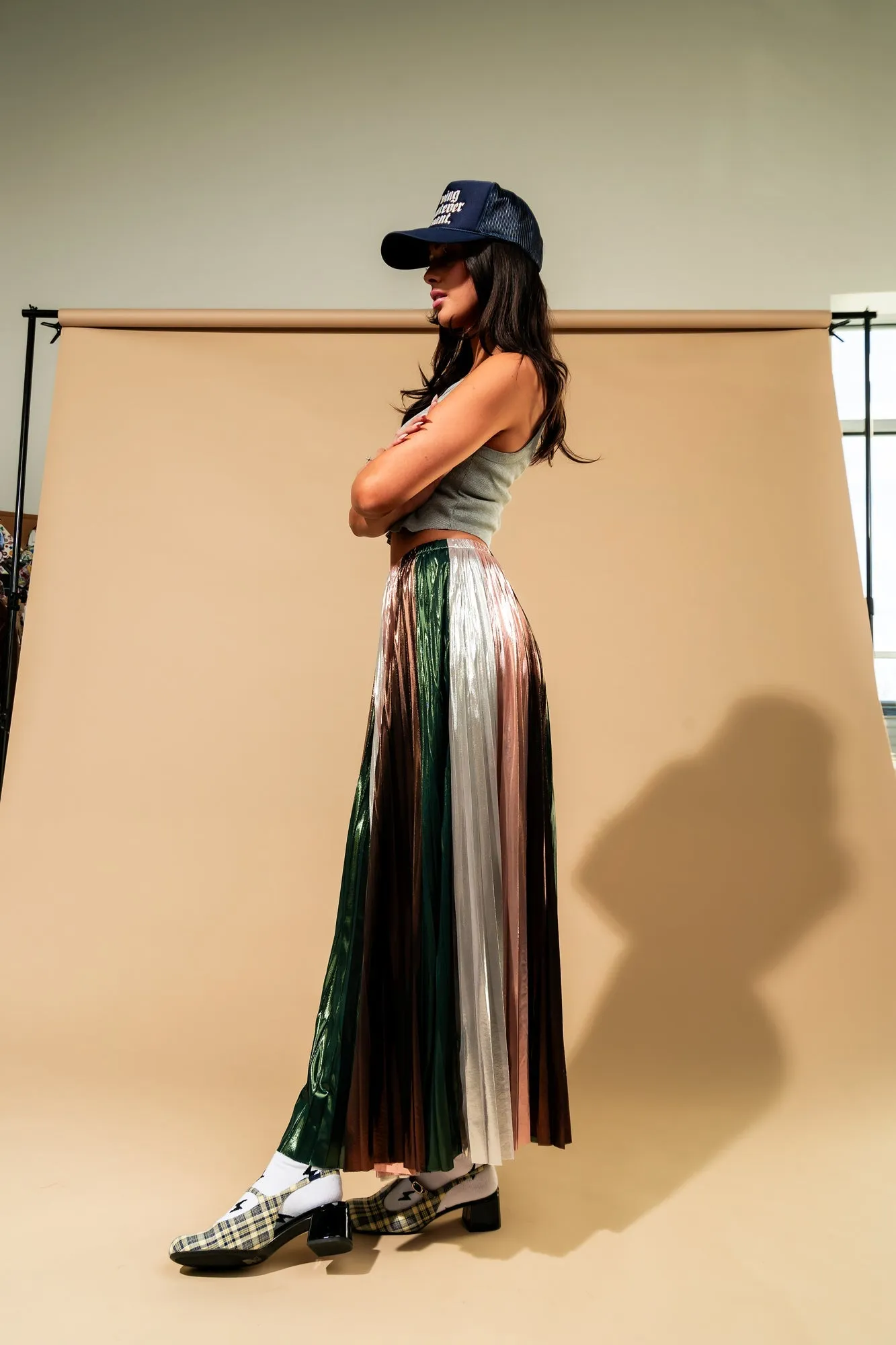 Metallic Pleated Midi Skirt in Ethereal Energy Panels