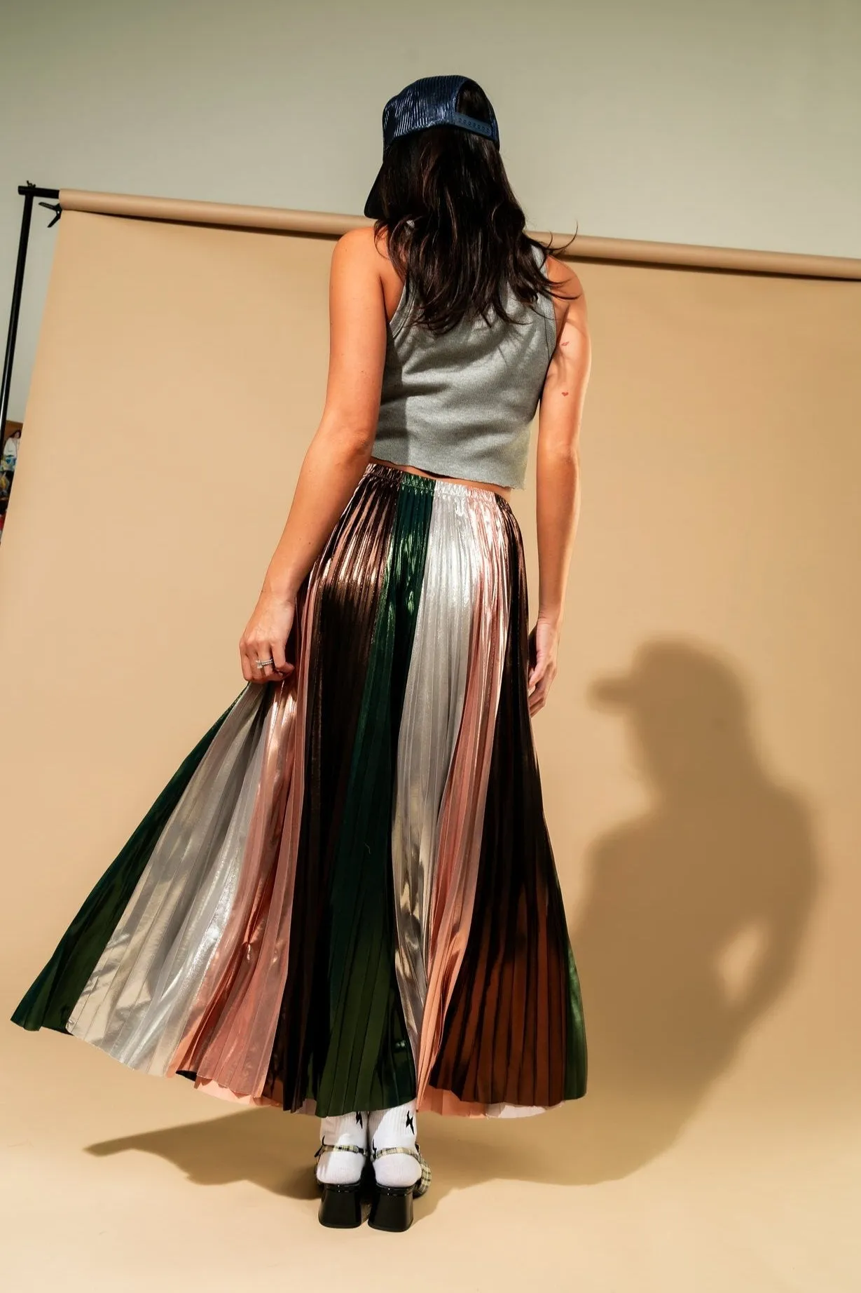 Metallic Pleated Midi Skirt in Ethereal Energy Panels