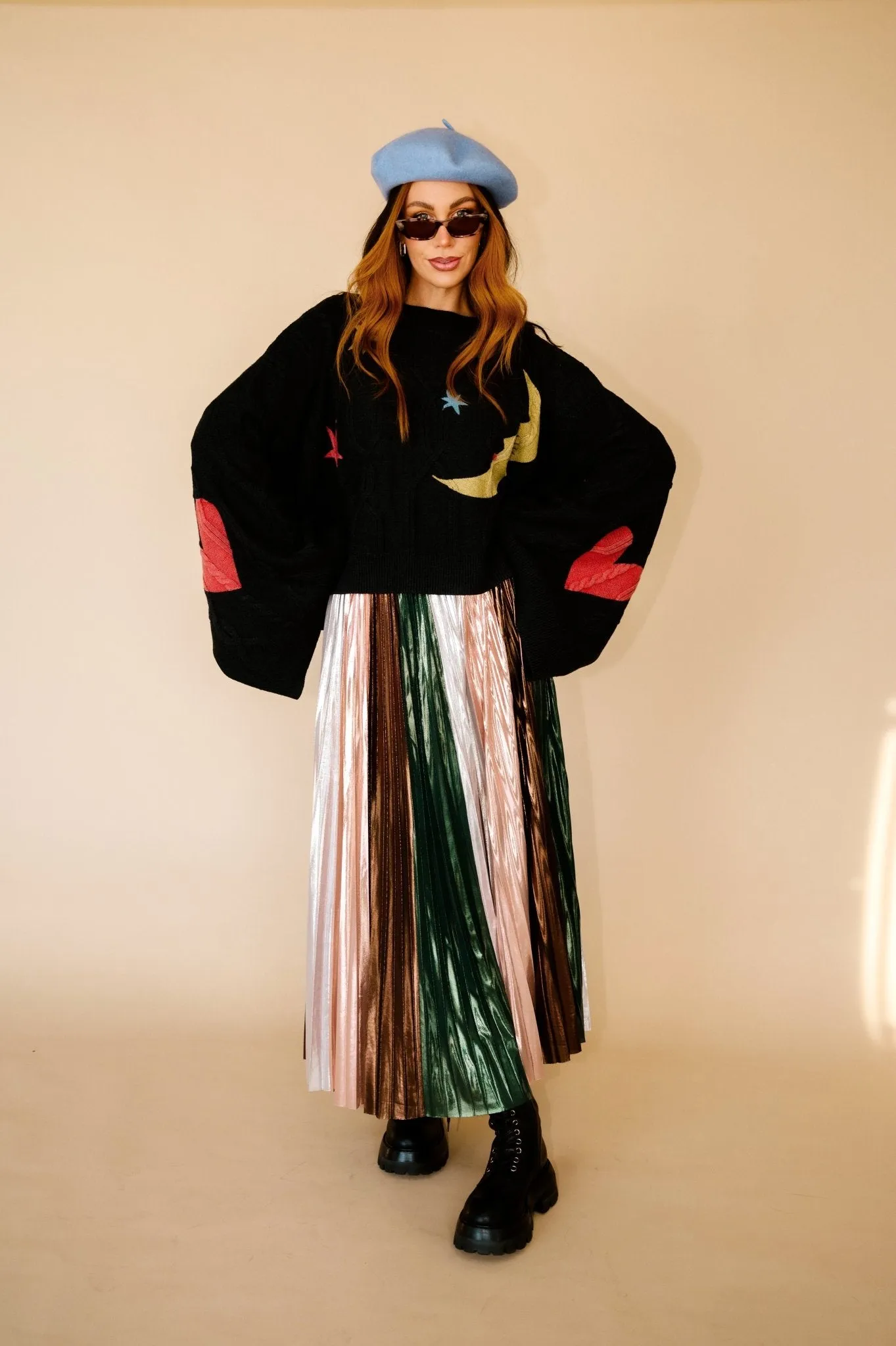 Metallic Pleated Midi Skirt in Ethereal Energy Panels