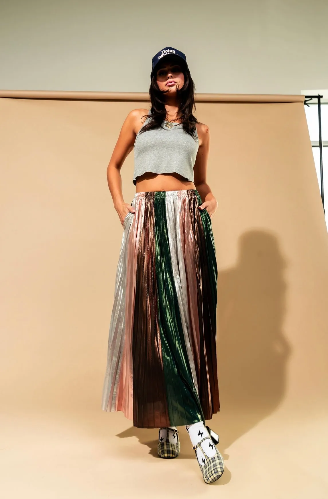 Metallic Pleated Midi Skirt in Ethereal Energy Panels