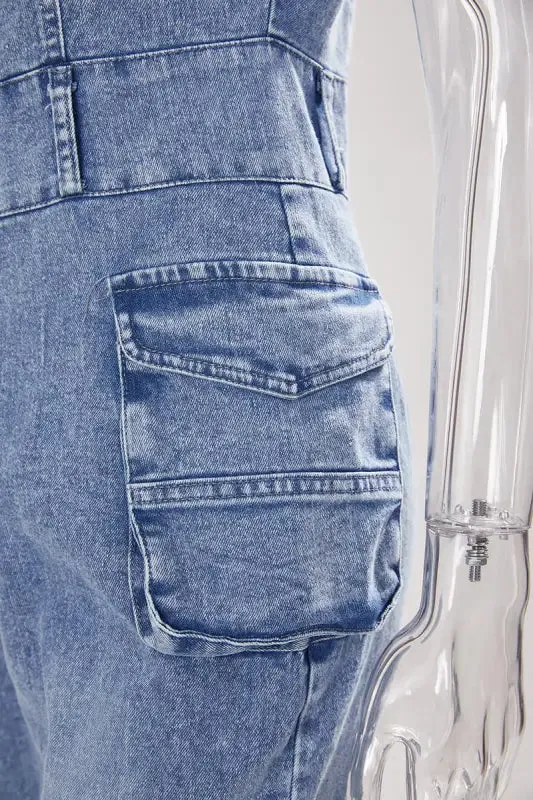 On A Mission Short Sleeve Cargo Denim Jumpsuit