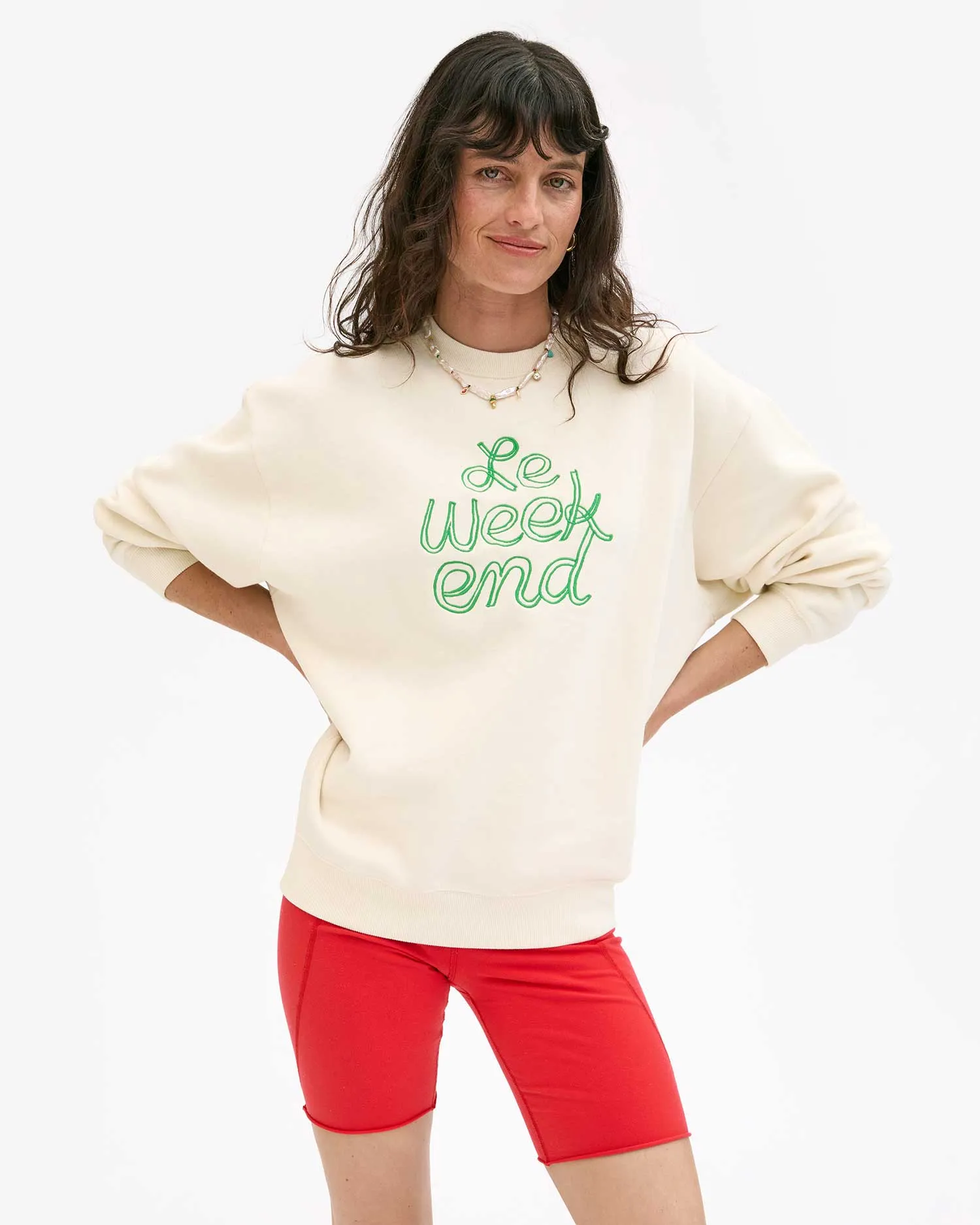 Oversized Sweatshirt ~ Cream w/ Green Embroidered Le Weekend