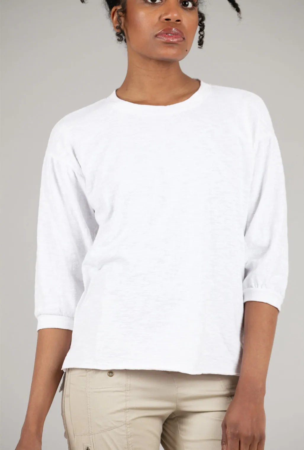 Peasant-Sleeve Crewneck Tee, White