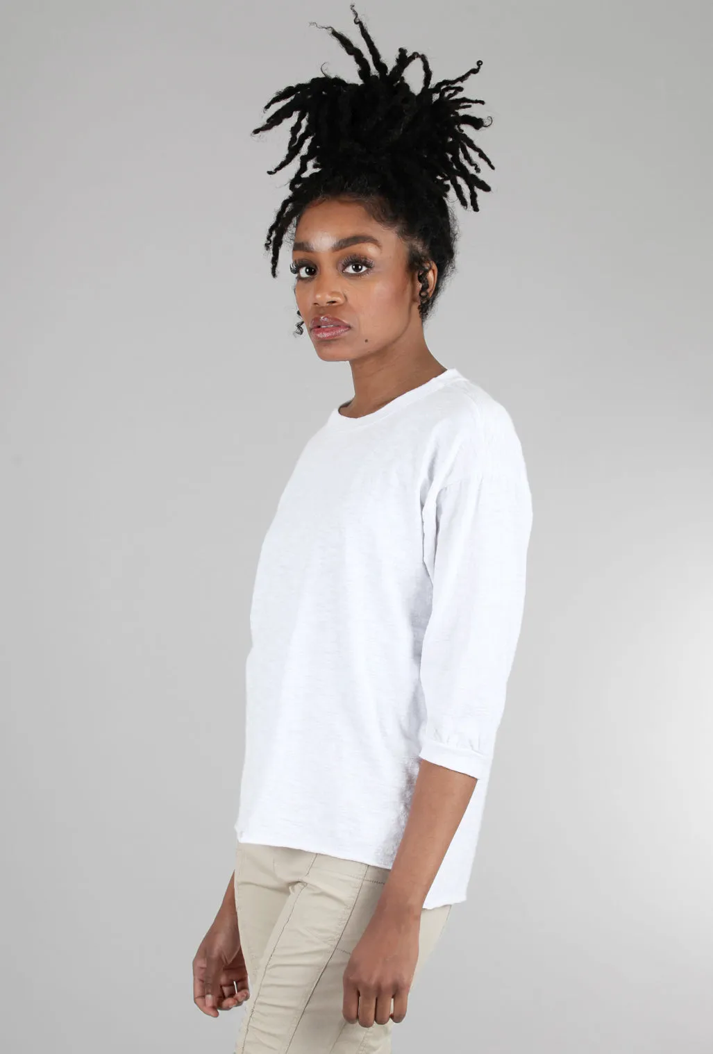 Peasant-Sleeve Crewneck Tee, White