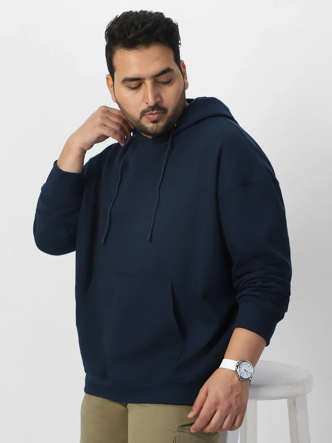Plus Men's Iris Navy Cotton Solid Oversized Hooded Neck Sweatshirt