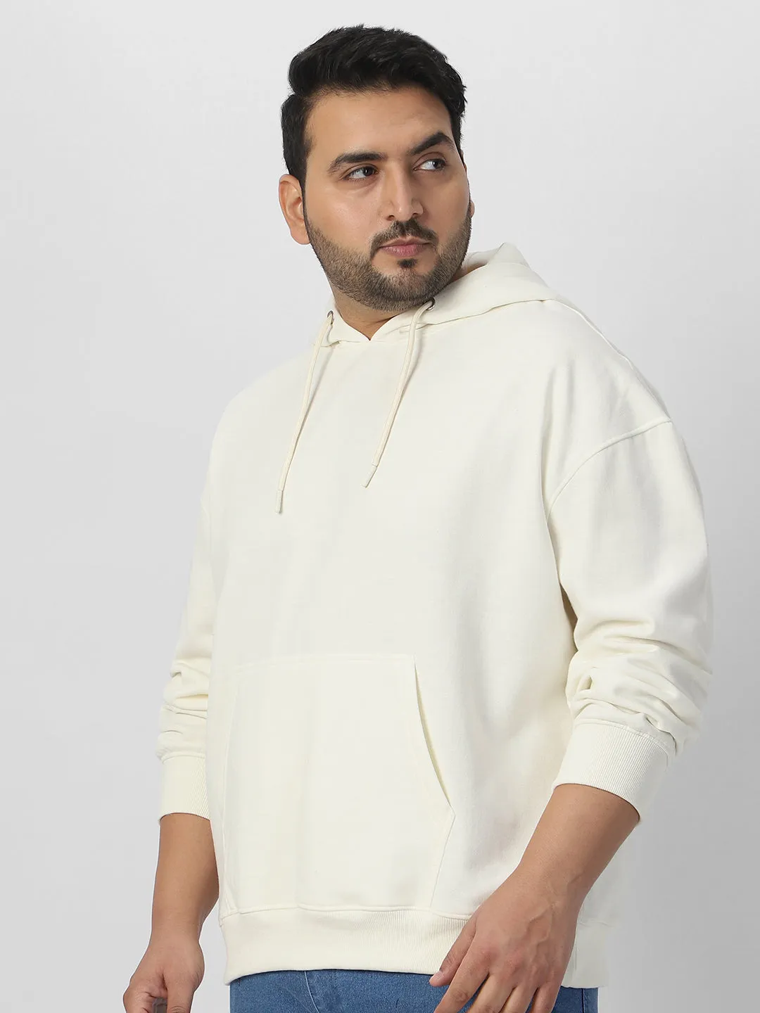 Plus Men's Ivory Cotton Solid Oversized Hooded Neck Sweatshirt