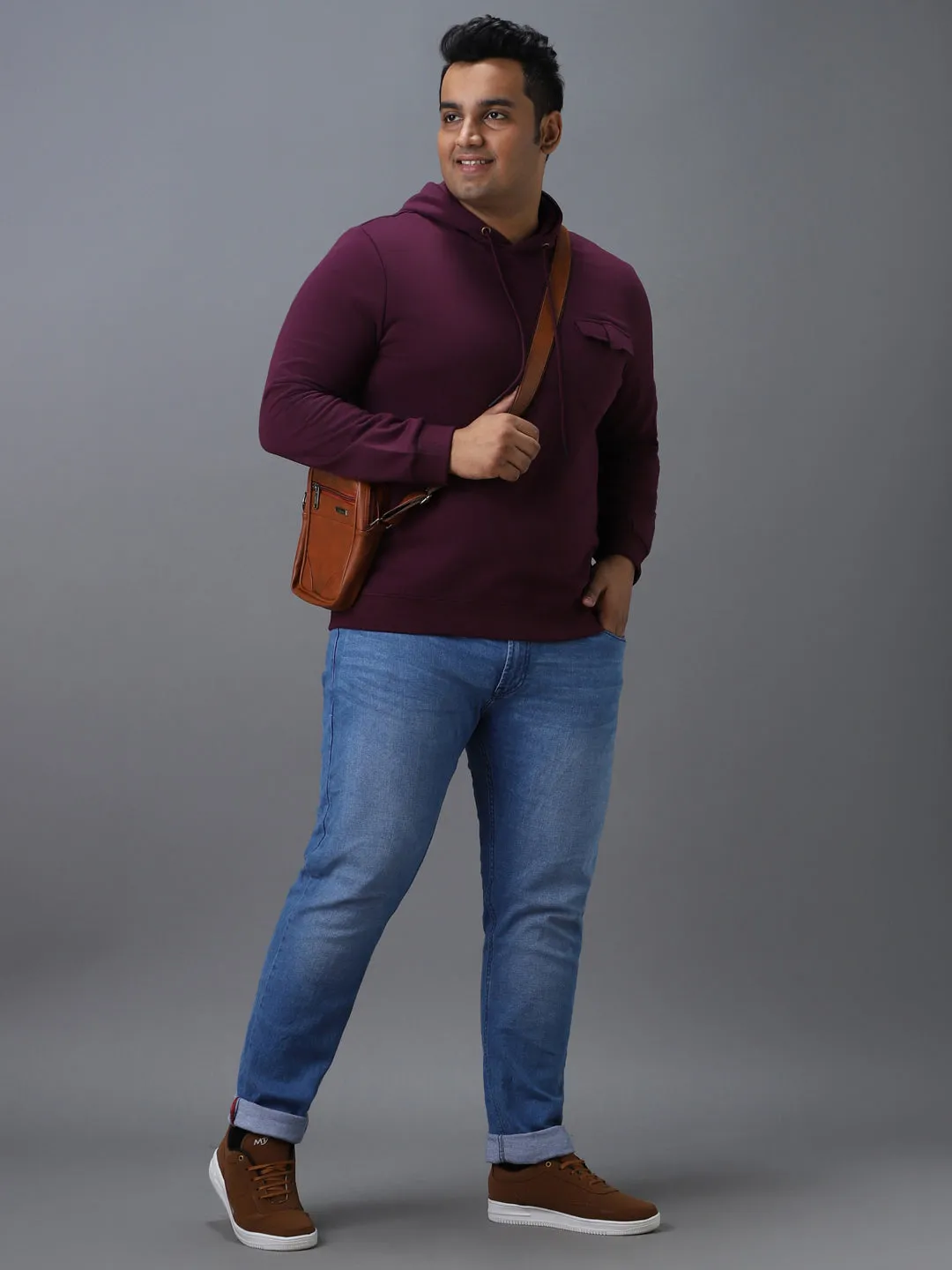 Plus Men's Purple Cotton Solid Hooded Neck Sweatshirt