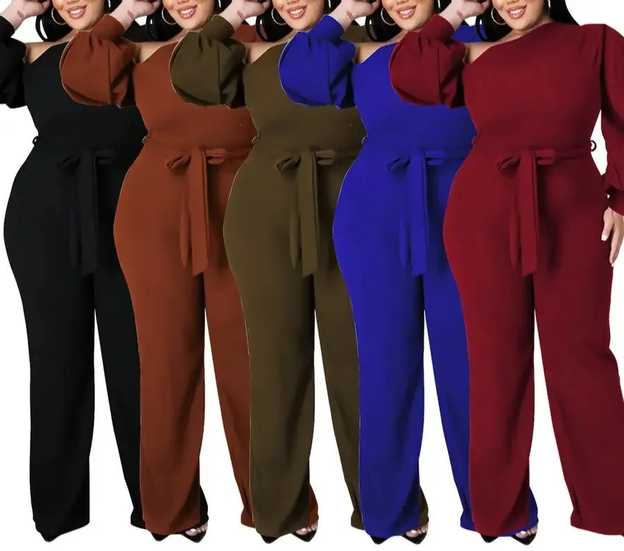 Plus Size One Shoulder Lantern Sleeve Belted Jumpsuit