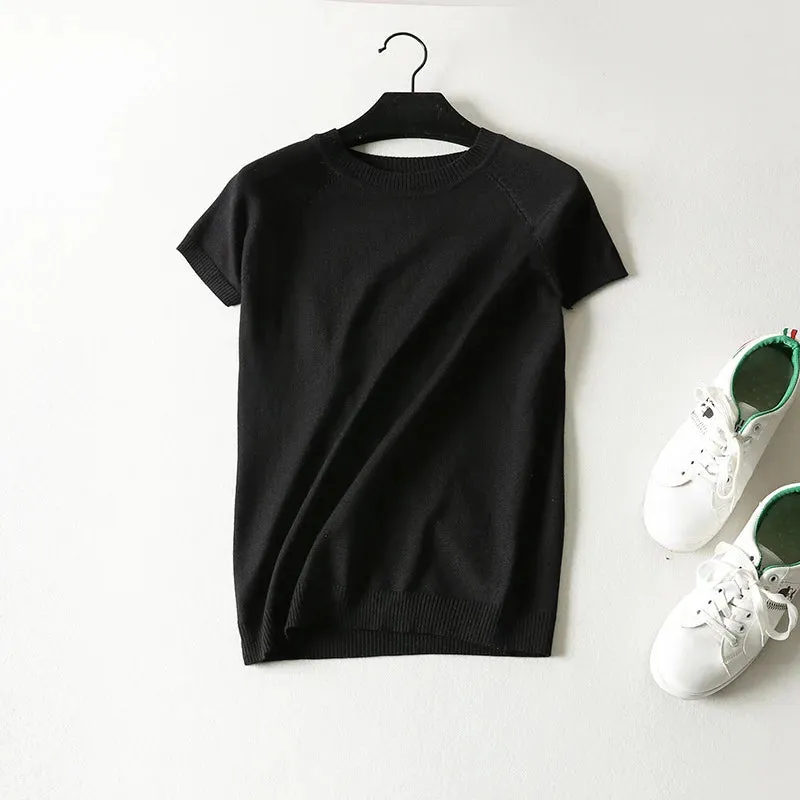 Short Sleeve Striped Sweater Knitted O-Neck Tops Korean Pull Jumper