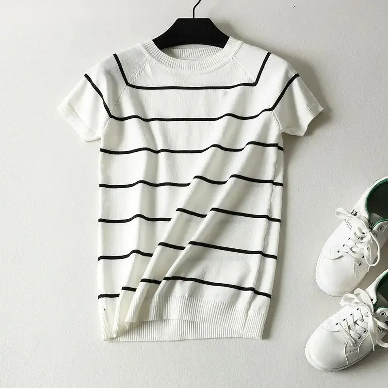 Short Sleeve Striped Sweater Knitted O-Neck Tops Korean Pull Jumper