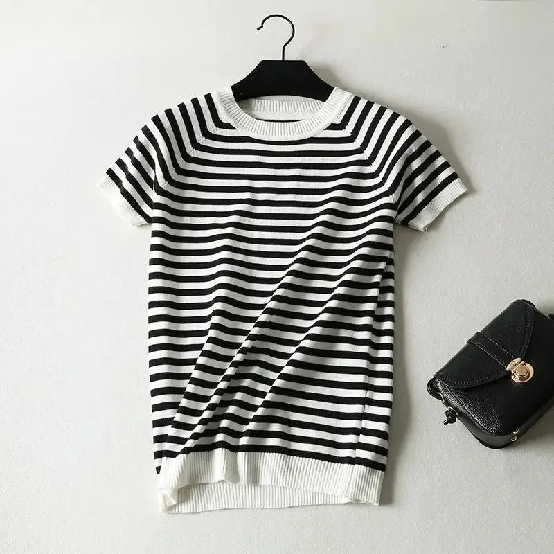 Short Sleeve Striped Sweater Knitted O-Neck Tops Korean Pull Jumper