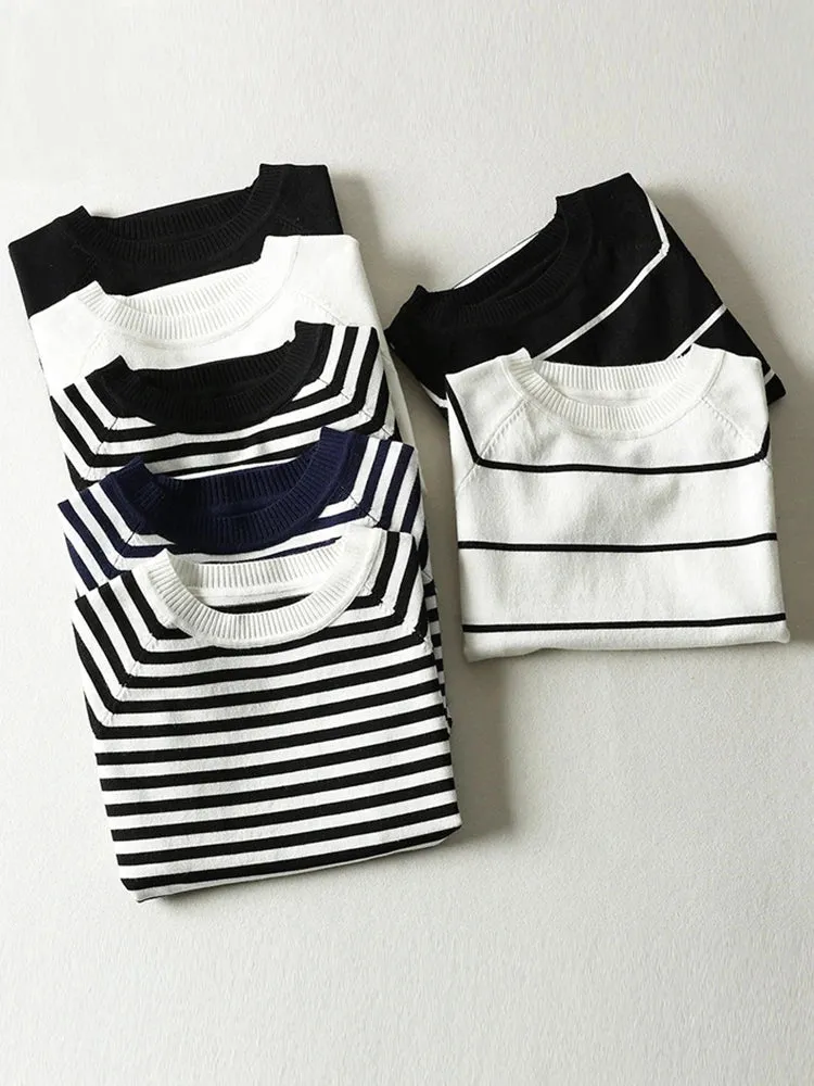 Short Sleeve Striped Sweater Knitted O-Neck Tops Korean Pull Jumper