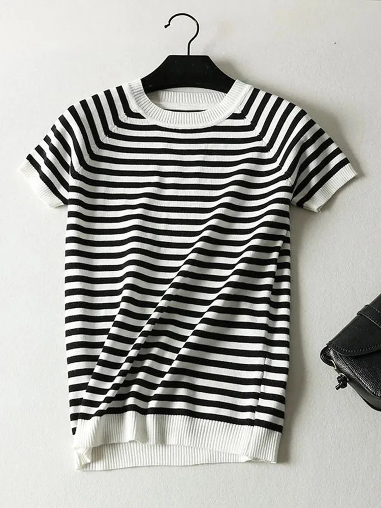 Short Sleeve Striped Sweater Knitted O-Neck Tops Korean Pull Jumper