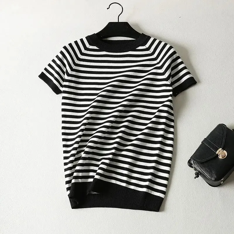 Short Sleeve Striped Sweater Knitted O-Neck Tops Korean Pull Jumper