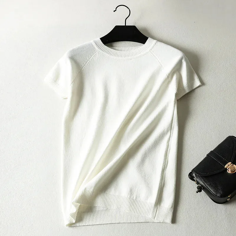 Short Sleeve Striped Sweater Knitted O-Neck Tops Korean Pull Jumper