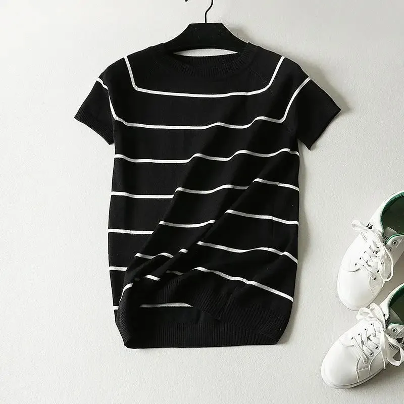 Short Sleeve Striped Sweater Knitted O-Neck Tops Korean Pull Jumper