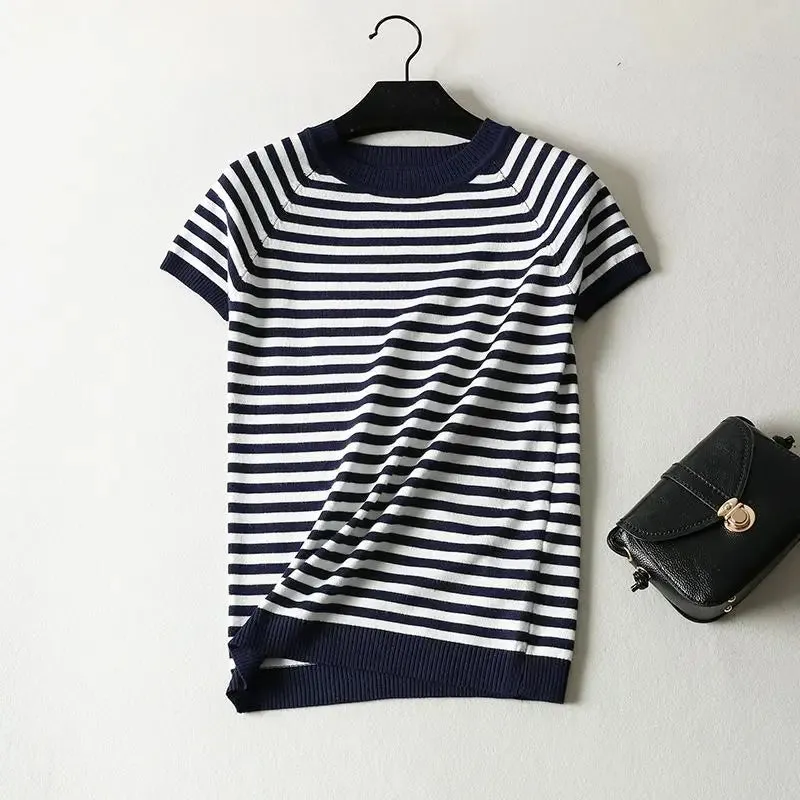 Short Sleeve Striped Sweater Knitted O-Neck Tops Korean Pull Jumper