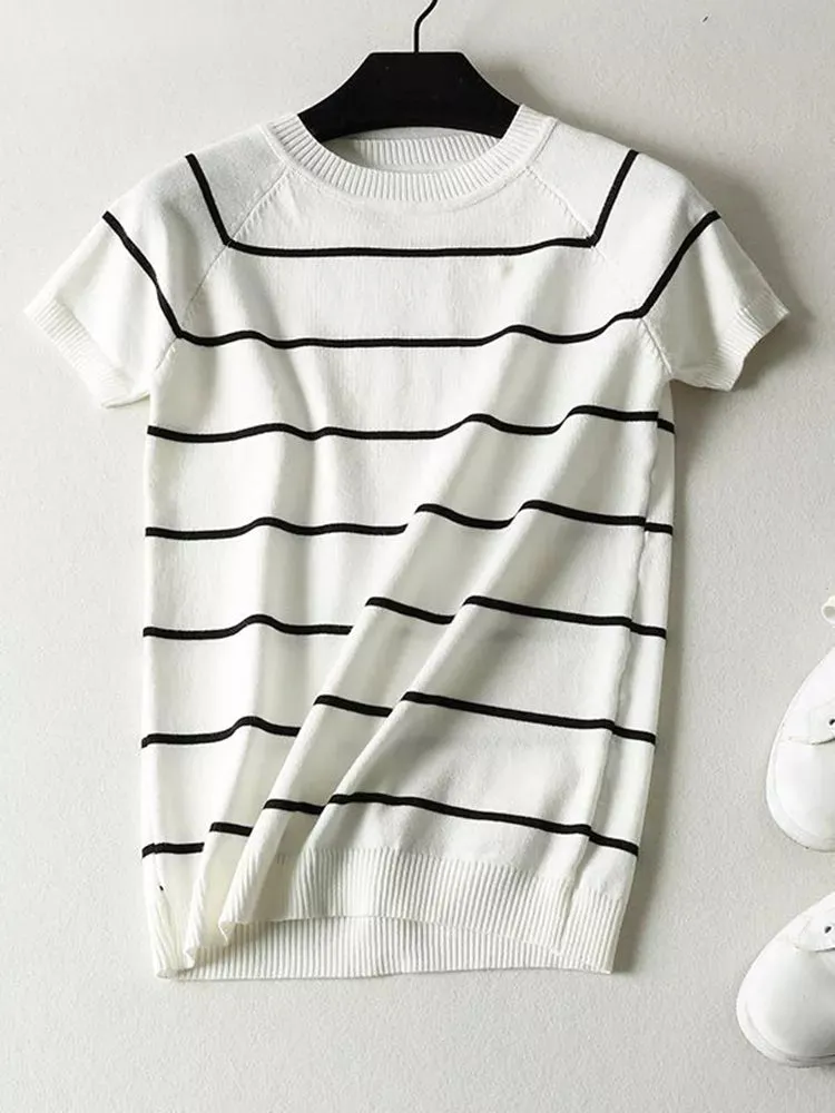 Short Sleeve Striped Sweater Knitted O-Neck Tops Korean Pull Jumper