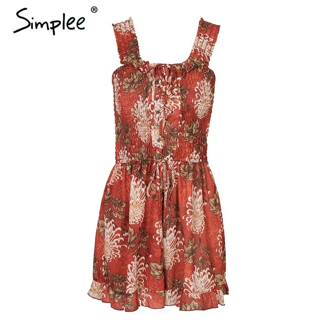 Simplee Floral print jumpsuit romper women Off shoulder lace up boho clothing jumsuit 2018 Summer strap playsuits short overalls