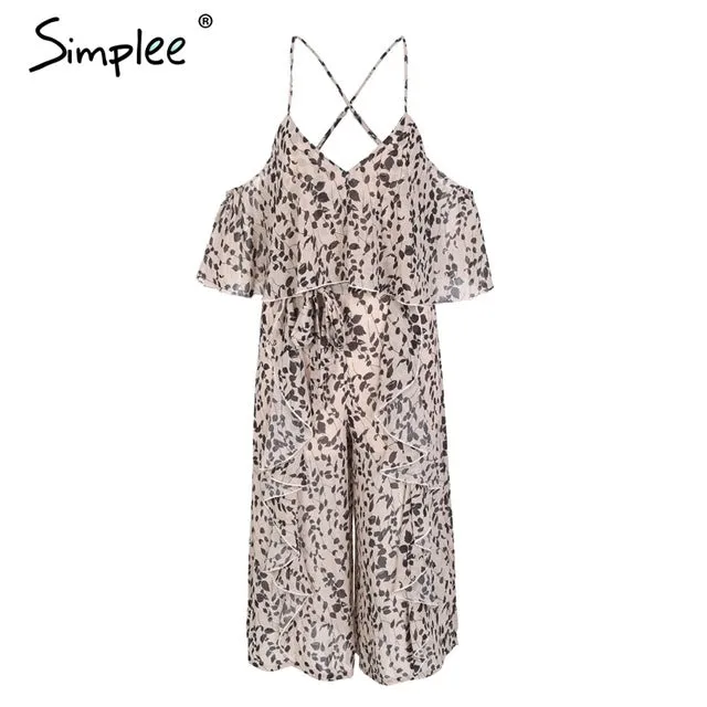 Simplee Sexy strap ruffle chiffon jumpsuit women Cold shoulder wide leg print jumsuit 2018 Summer beach playsuits