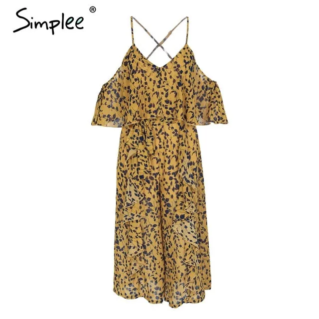 Simplee Sexy strap ruffle chiffon jumpsuit women Cold shoulder wide leg print jumsuit 2018 Summer beach playsuits