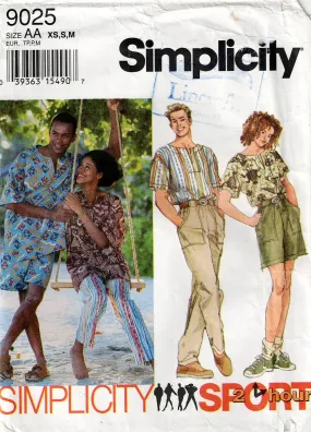 Simplicity 9025 Womens Mens Teen UNISEX Caftan Top & Cargo Shorts or Pants 1990s Vintage Sewing Pattern Sizes XS - M UNCUT Factory Folded