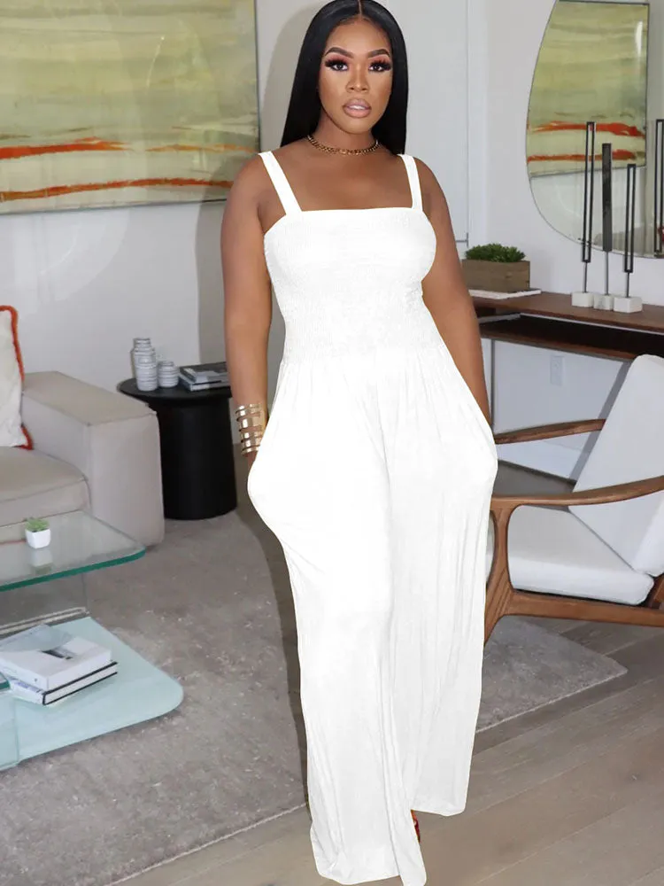 Sleeveless Solid Color Wide Leg Rompers