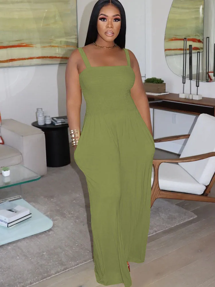 Sleeveless Solid Color Wide Leg Rompers