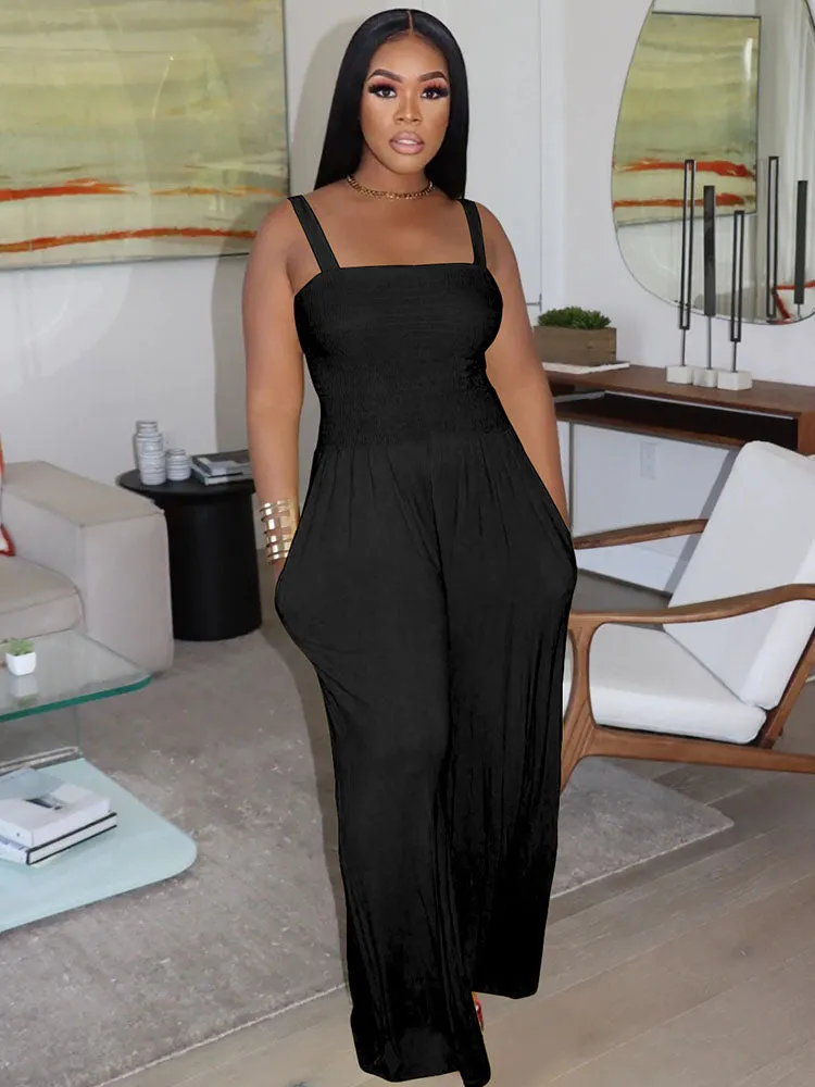 Sleeveless Solid Color Wide Leg Rompers