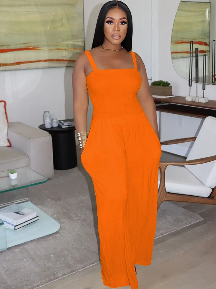 Sleeveless Solid Color Wide Leg Rompers