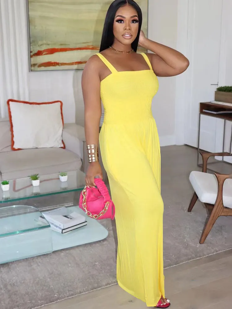 Sleeveless Solid Color Wide Leg Rompers