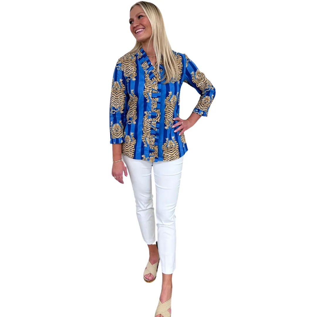The Bessie Ruffle Front Top in Blue Tiger Stripe