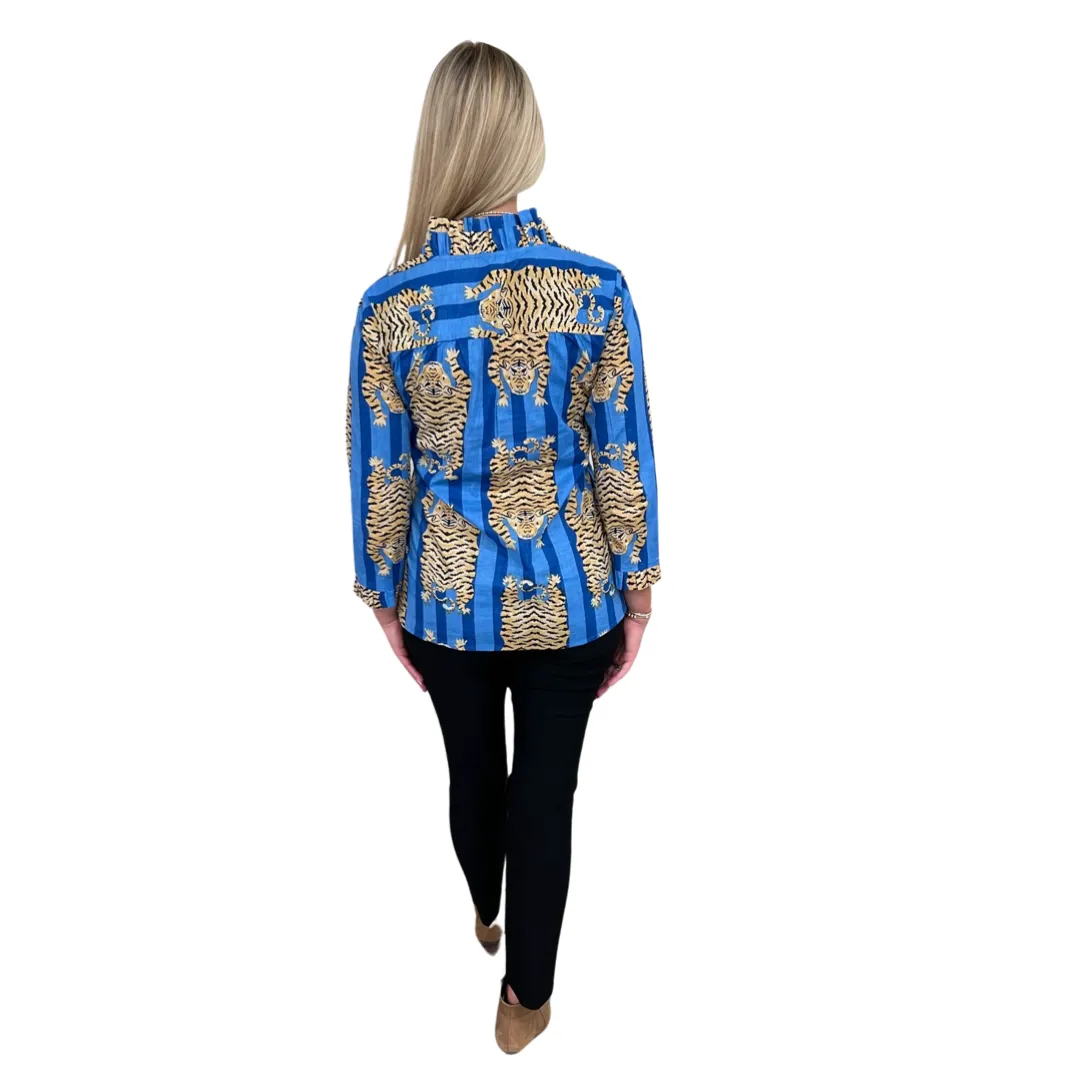 The Bessie Ruffle Front Top in Blue Tiger Stripe