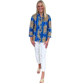 The Bessie Ruffle Front Top in Blue Tiger Stripe